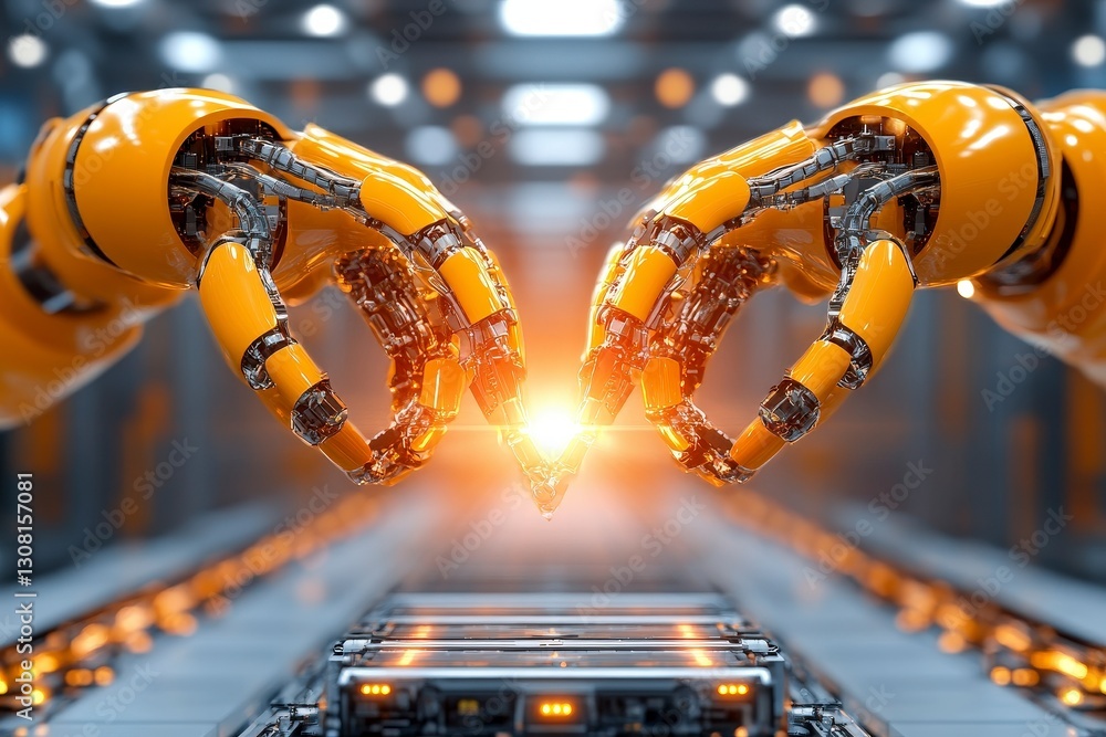 Poster futuristic robot hands creating energy light in a high-tech industrial setting