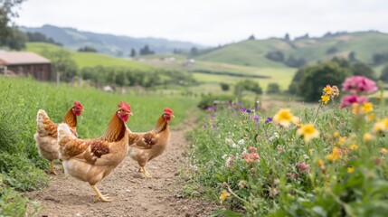 Fototapeta premium Three hens stroll along a dirt path amidst wildflowers, with rolling green hills in the background.