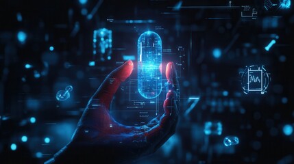 Glowing capsule held in hand amidst medical holograms and futuristic UI design in a dark cyberpunk environment Generative AI