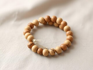 Obraz premium Handmade wooden bead bracelet on a soft surface, minimalist design, white background, wood beads