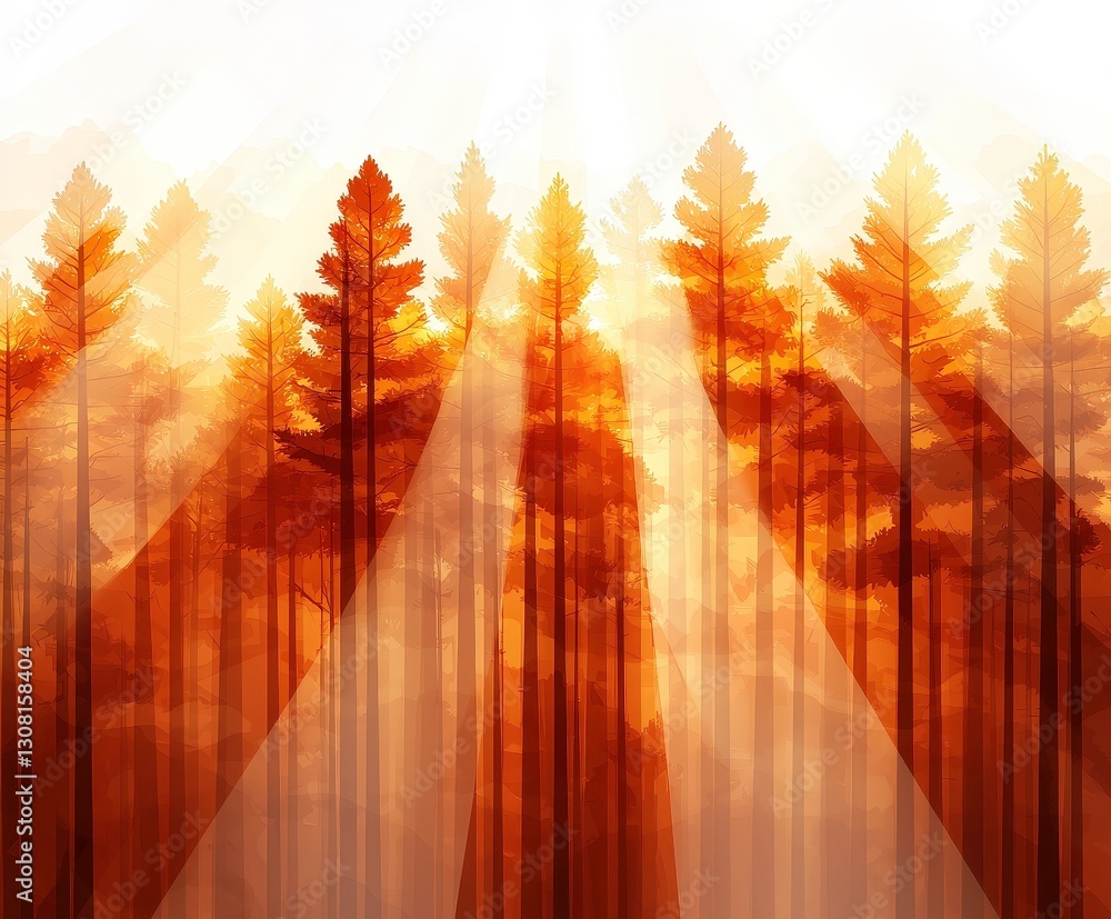 Poster serene autumn forest with sunlight filtering through tall trees, creating warm and inviting atmosphere