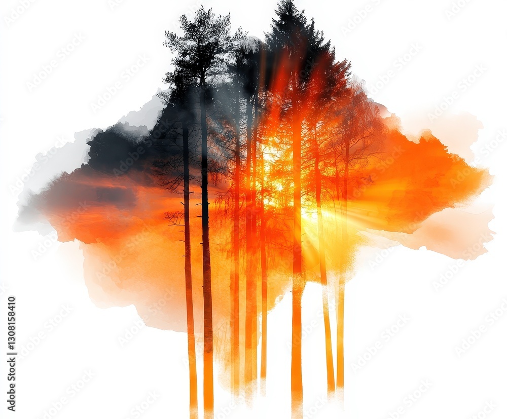 Poster serene autumn forest with sunlight filtering through tall trees, creating warm and inviting atmosphe