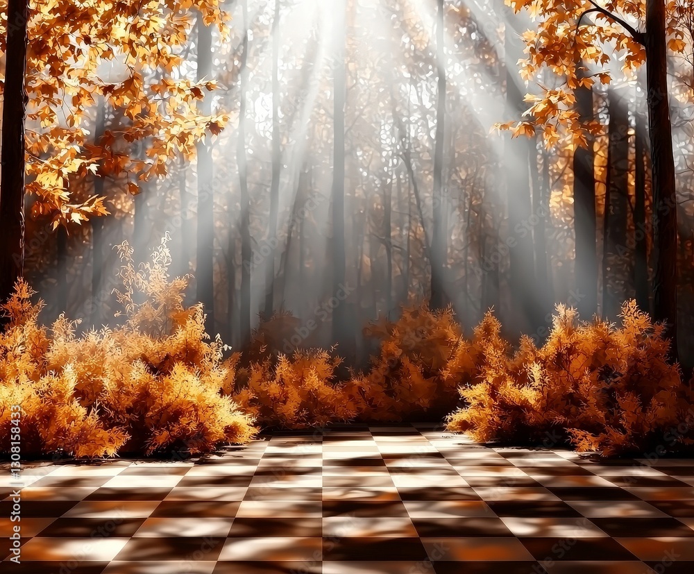 Poster serene autumn forest with sunlight filtering through trees, creating magical atmosphere. ground feat