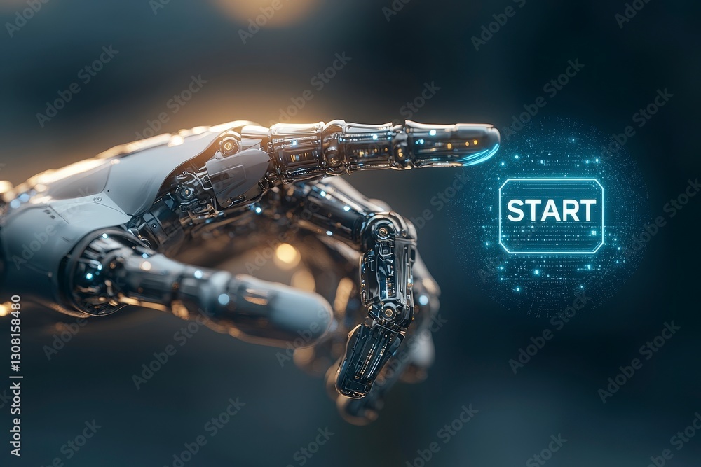 Aufkleber futuristic robot hand interacting with digital start button in high-tech environment