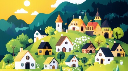 Naklejka premium Charming Medieval Village Illustration Fantasy Town Hilltop Homes Fairytale Setting Co