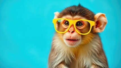 Obraz premium Happy monkey sitting in front of a colorful turquoise backdrop with bright yellow glasses, happy monkey, fun and playful atmosphere