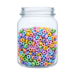 Glass Jar Filled with Colorful Plastic Beads Isolated on White
