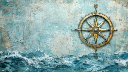 A nautical-themed background featuring a faded compass rose and sea waves.