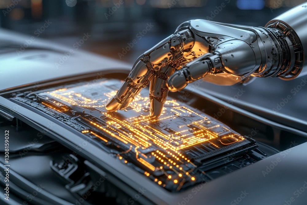 Poster futuristic robot hand interacting with high-tech circuit board in modern technology setting