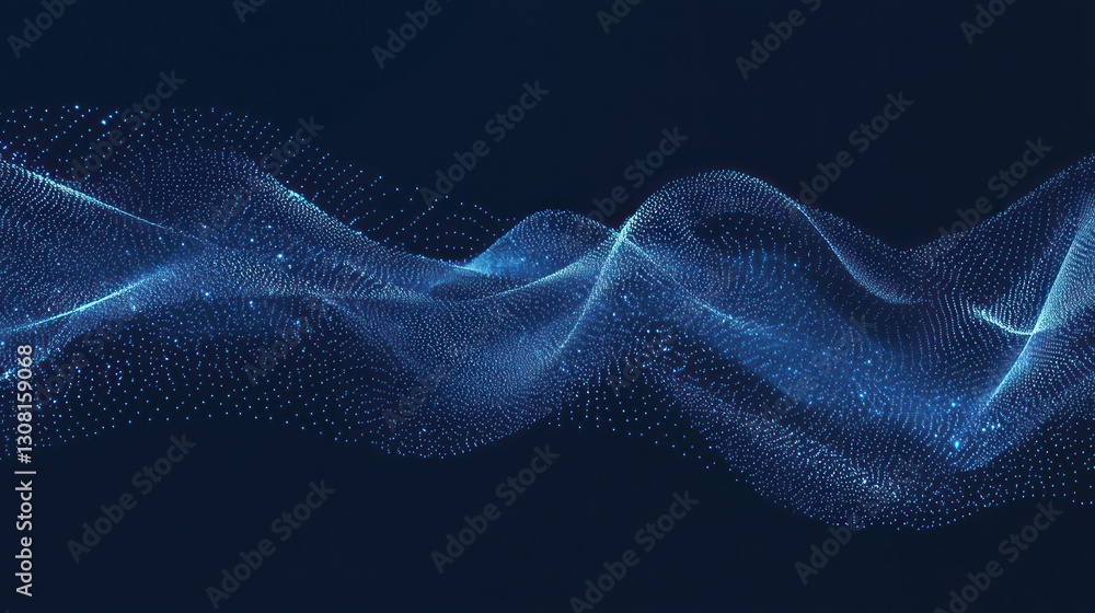 Poster a navy blue background with faint star-like dots, creating a celestial feel.