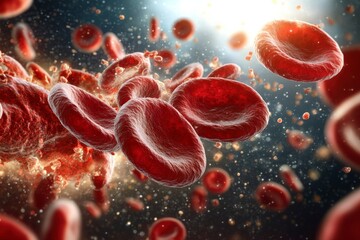 Detailed Close-Up of Human Blood Cells in Motion Against a Bright Abstract Background