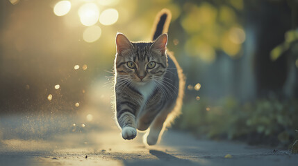 playful cat runs joyfully in sunlit outdoor setting, surrounded by nature