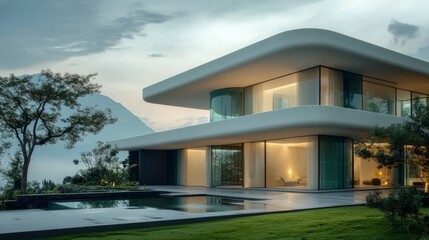 Fototapeta premium Modern Minimalist House Luxury Villa Green Landscape Sunset View