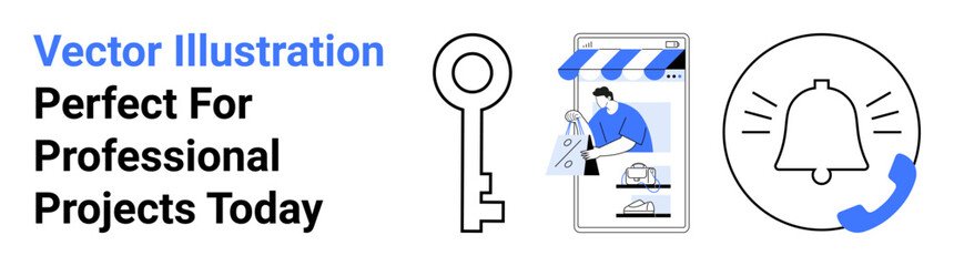 Key, smartphone with a web store, bell icon, and phone receiver represent security, digital services, notifications, and communication. Ideal for business, e-commerce marketing security