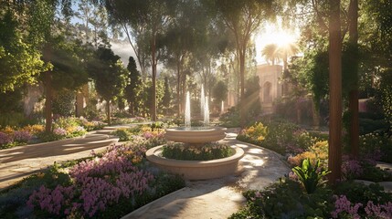 Fototapeta premium Sunlit Garden Fountain, Path, Flowers, Palace