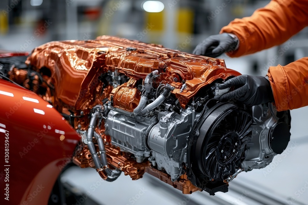 Poster close-up of automotive engine assembly in factory setting with focus on precision and detail