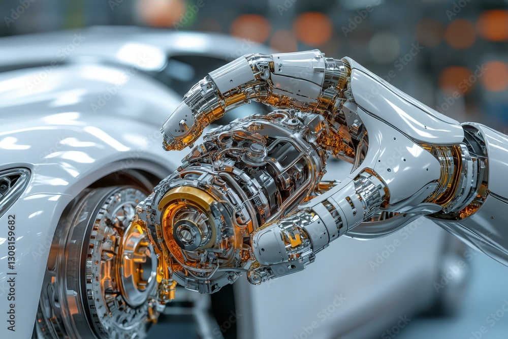 Aufkleber futuristic robotic hand interacting with high-tech engine components in modern workshop