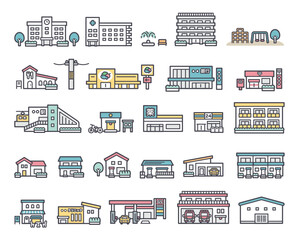 Multiple illustrations of facilities and buildings in the city