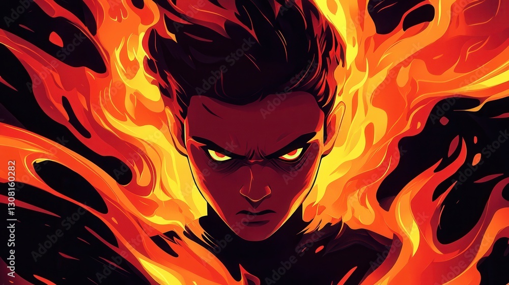 Poster angry person surrounded by intense flames with bold red and black colors expressing raw emotion and 