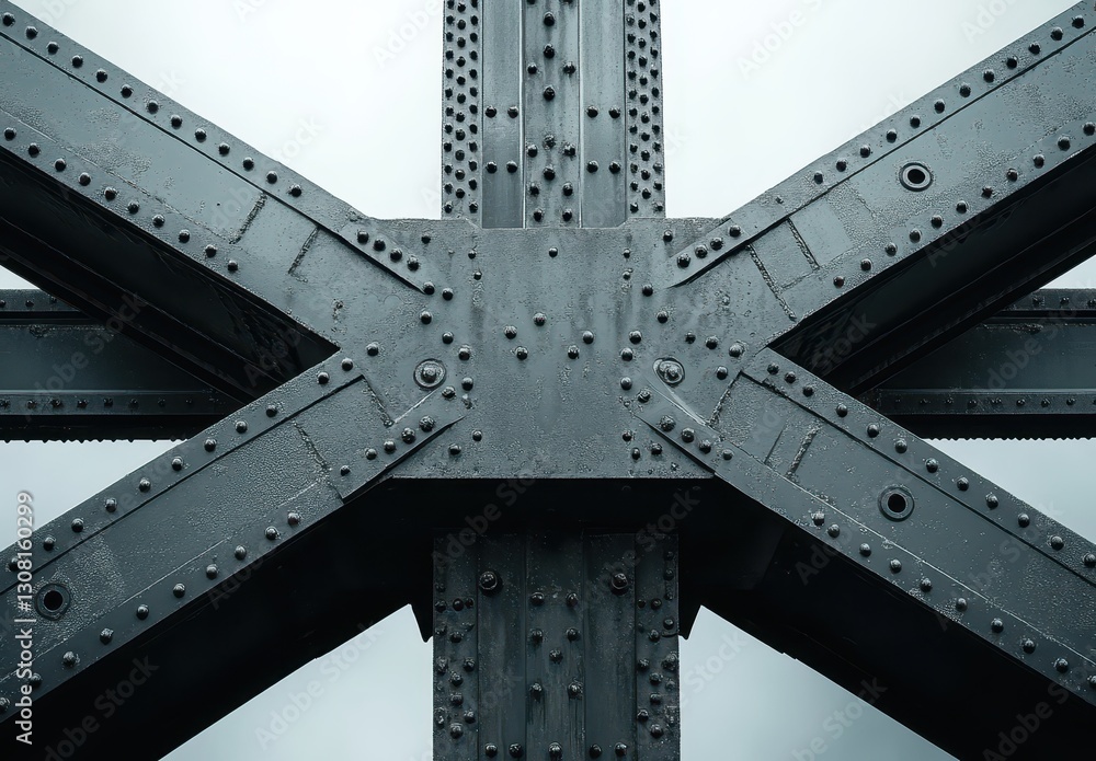 Poster industrial bridge structure close-up showing steel framework and rivets in urban setting with dramat