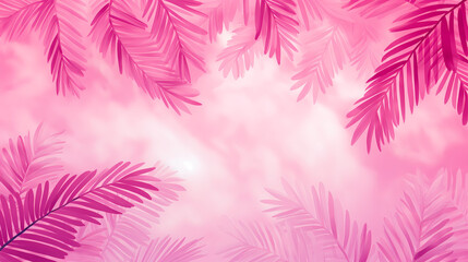 Pink palm fronds create a frame against a soft pink backdrop, offering a dreamy tropical feel This is great for backgrounds or decorative designs.