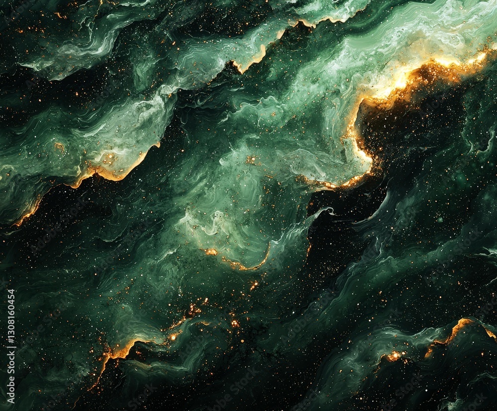 Poster mesmerizing deep green abstract background with swirling patterns and golden accents, evoking sense 