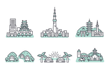 Japanese tourist destination design illustration set