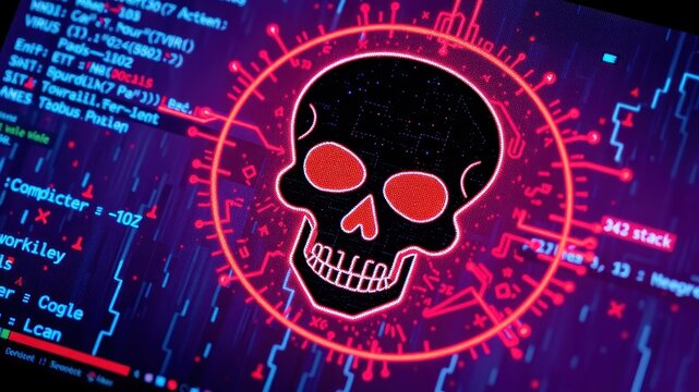 Digital Skull Graphic with Binary Code and Cybersecurity Elements