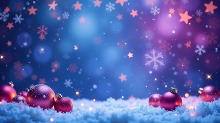 Fototapeta premium Festive Winter Wonderland Scene with Sparkling Ornaments Resting on a Snowy Surface, Illuminated by Soft Glowing Lights and Falling Snowflakes and Stars.