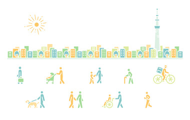 Icon illustrations of various people living in Tokyo
