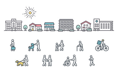 City facilities, buildings and people walking