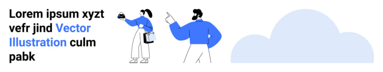 Two individuals engage in digital tasks, one holding a tablet and another pointing forward, set against a cloud background. Ideal for teamwork, technology, collaboration, digital tools, productivity