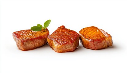 Succulent Grilled Meat Cuts Served on White Background with Herbs
