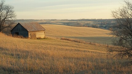 A peaceful rural scene with a small barn and fields bathed in the soft light of sunset