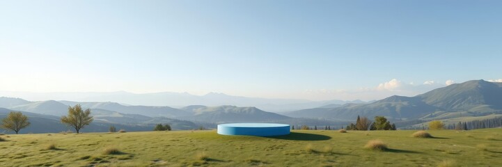 Fototapeta premium In the foreground of a serene landscape a small blue pedestal stands out amidst the scenery, peaceful, tranquil, garden style