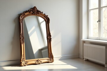A large ornate wooden mirror reflects sunlight in a bright room near a window