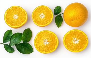 Obraz premium Fresh Oranges and Slices with Green Leaves on White Background