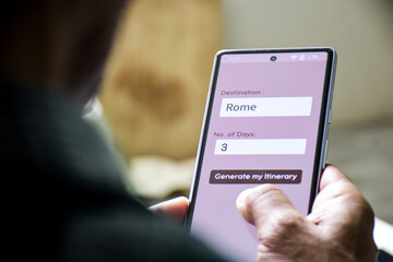 Man using artificial intelligence mobile applications for vacation planning. Concept of generating...