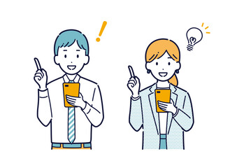 スマホを持って案内をするビジネスパーソンのイラスト