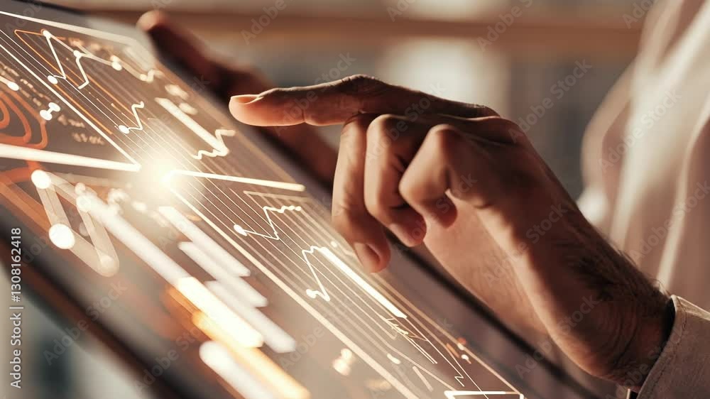 Aufkleber a closeup of a mans hand actively interacting with a holographic dashboard displaying realtime analy