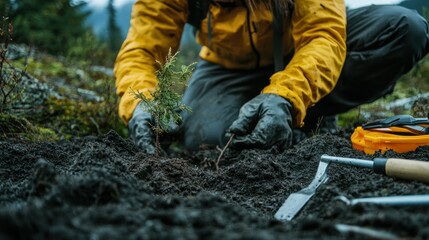 A person planting a small tree sapling in freshly dug soil, with tools nearby.