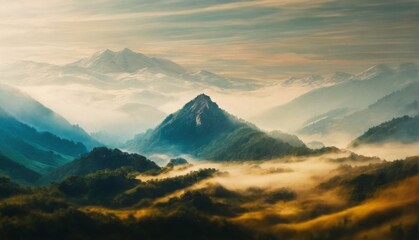 Majestic mountain landscape digital art with blue and green hues, lush greenery, and wispy clouds, evoking a serene atmosphere.