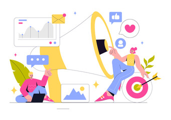 Digital Online Marketing Vector Illustration Featuring Business Analysis, Content Strategy, Ad Targeting, and Management in a Flat Cartoon Background