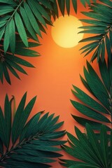 Tropical Paradise Lush Green Palm Fronds Frame a Warm Sunset Glow