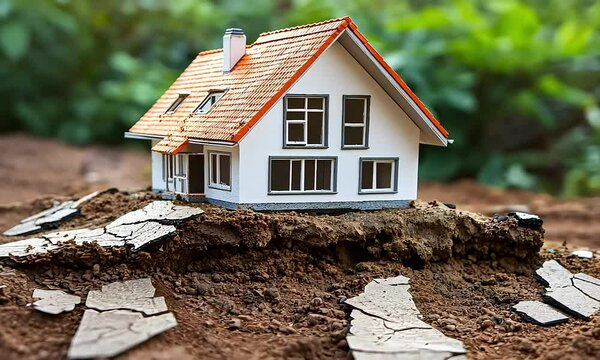 Rumah miniatur yang rusak akibat retakan di tanah yang melambangkan bencana