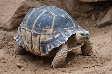Obraz premium Tortoise eating grass in sandy enclosure with striped shell design, facing right in outdoor setting with blurred background.