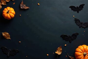 Autumnal Halloween Scene with Pumpkins and Bats on Dark Background