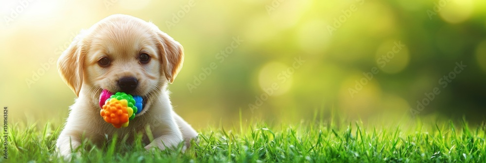 Aufkleber playful puppy enjoying a colorful chew toy while seated on lush green grass in soft natural lighting