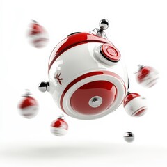 Obraz premium 3D illustration of futuristic spherical device with glossy finish, surrounded by smaller similar objects, creating dynamic and playful atmosphere