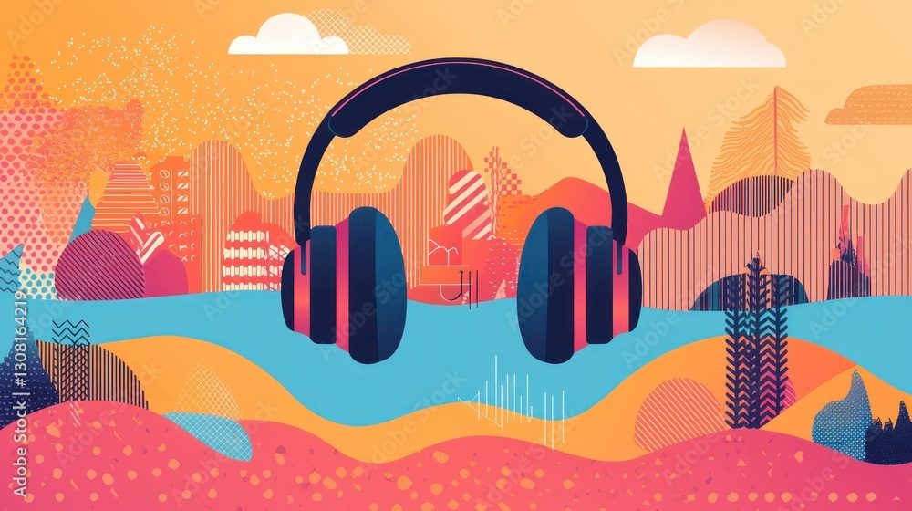 Poster a podcast design with headphones and geometric patterns set against a calm landscape.